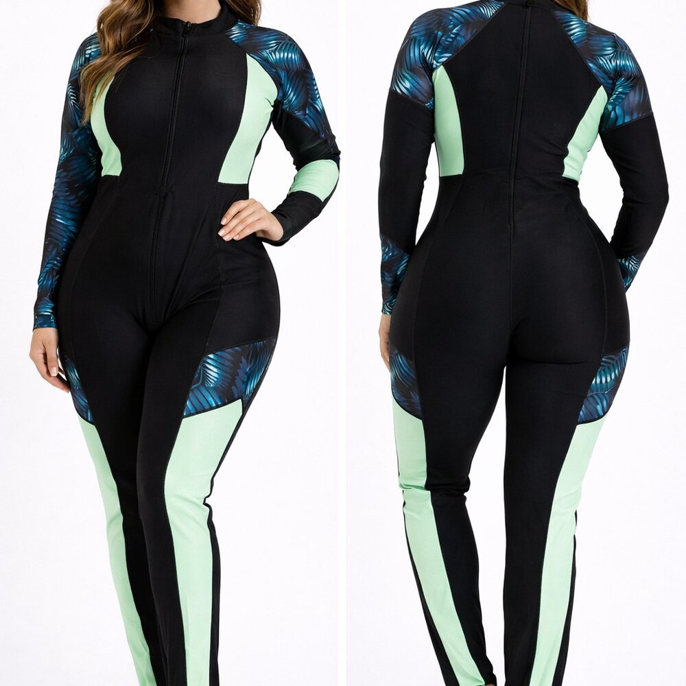 NWOT Black & Mint One-Piece Full Body Suit with Teal Leaf Print